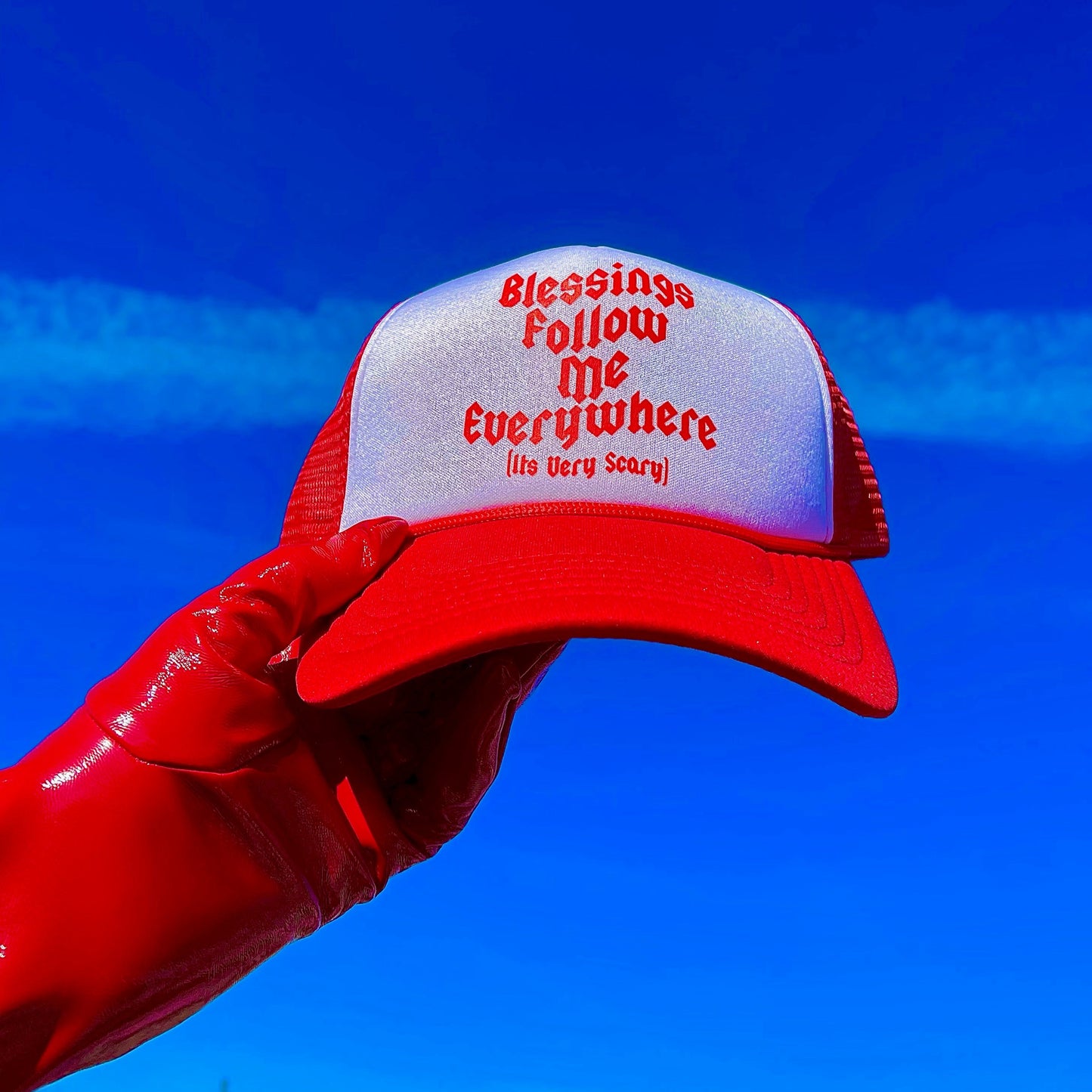 BLESSINGS FOLLOW ME TRUCKER CAP