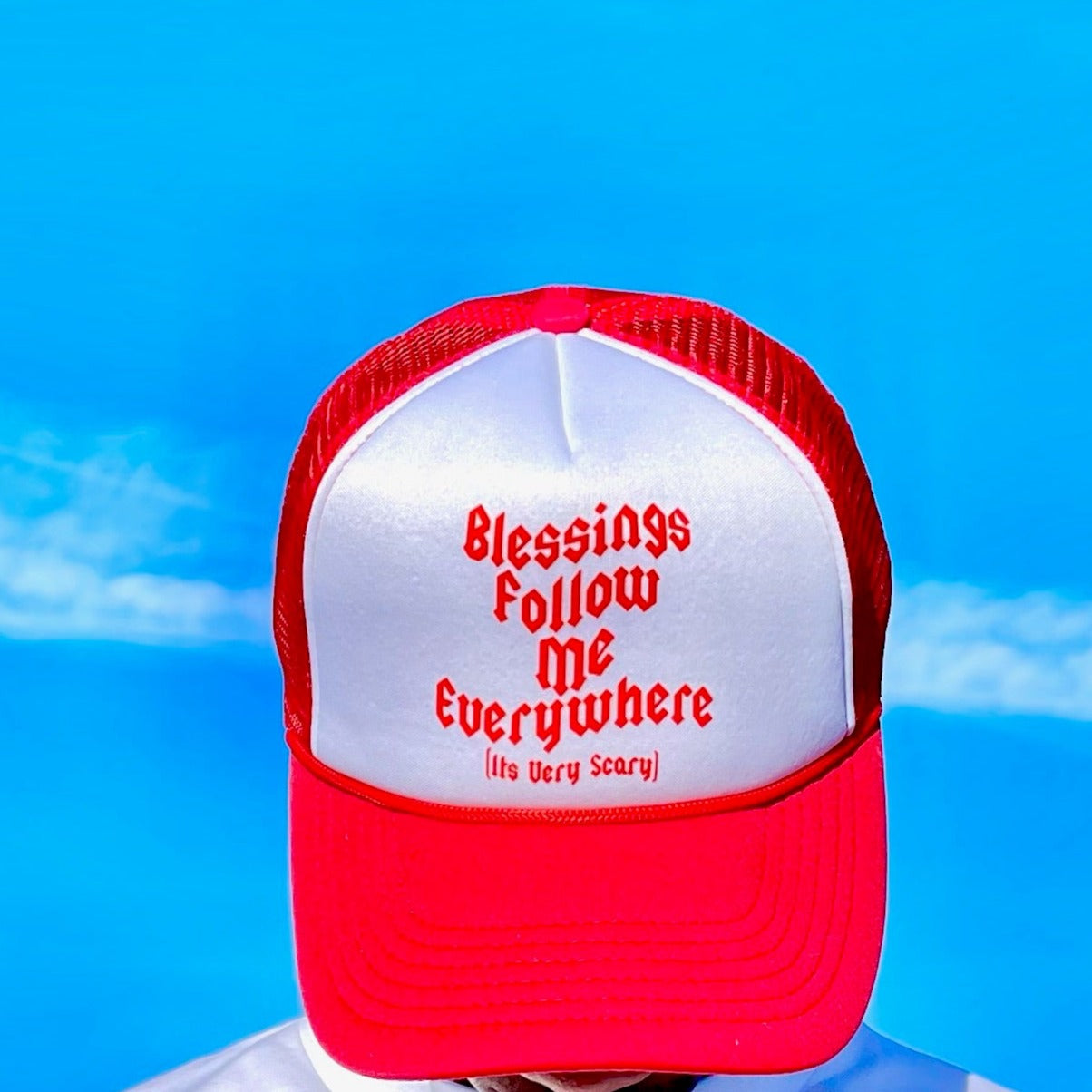 BLESSINGS FOLLOW ME TRUCKER CAP